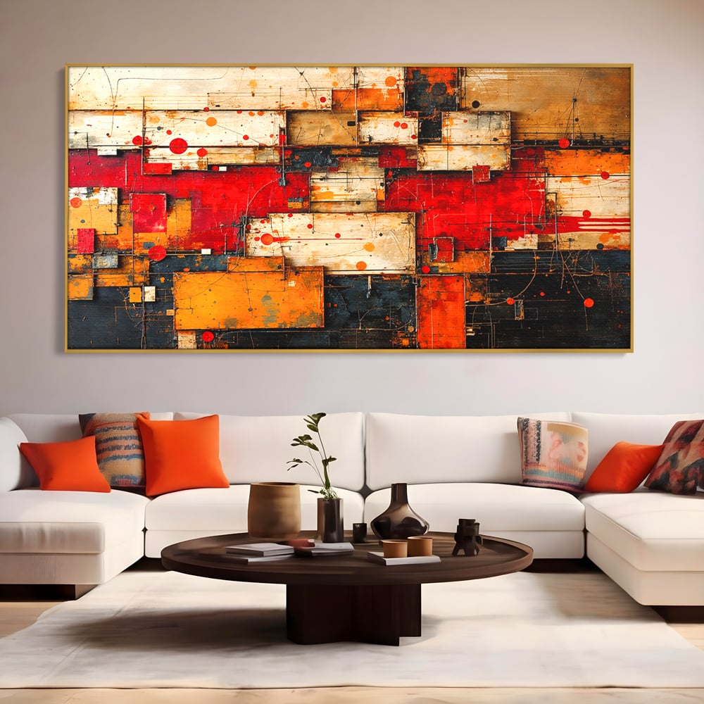 Tablou canvas cu tablou canvas abstract geometric rosu, in rama de aluminiu auriu, pe perete intr-un living
